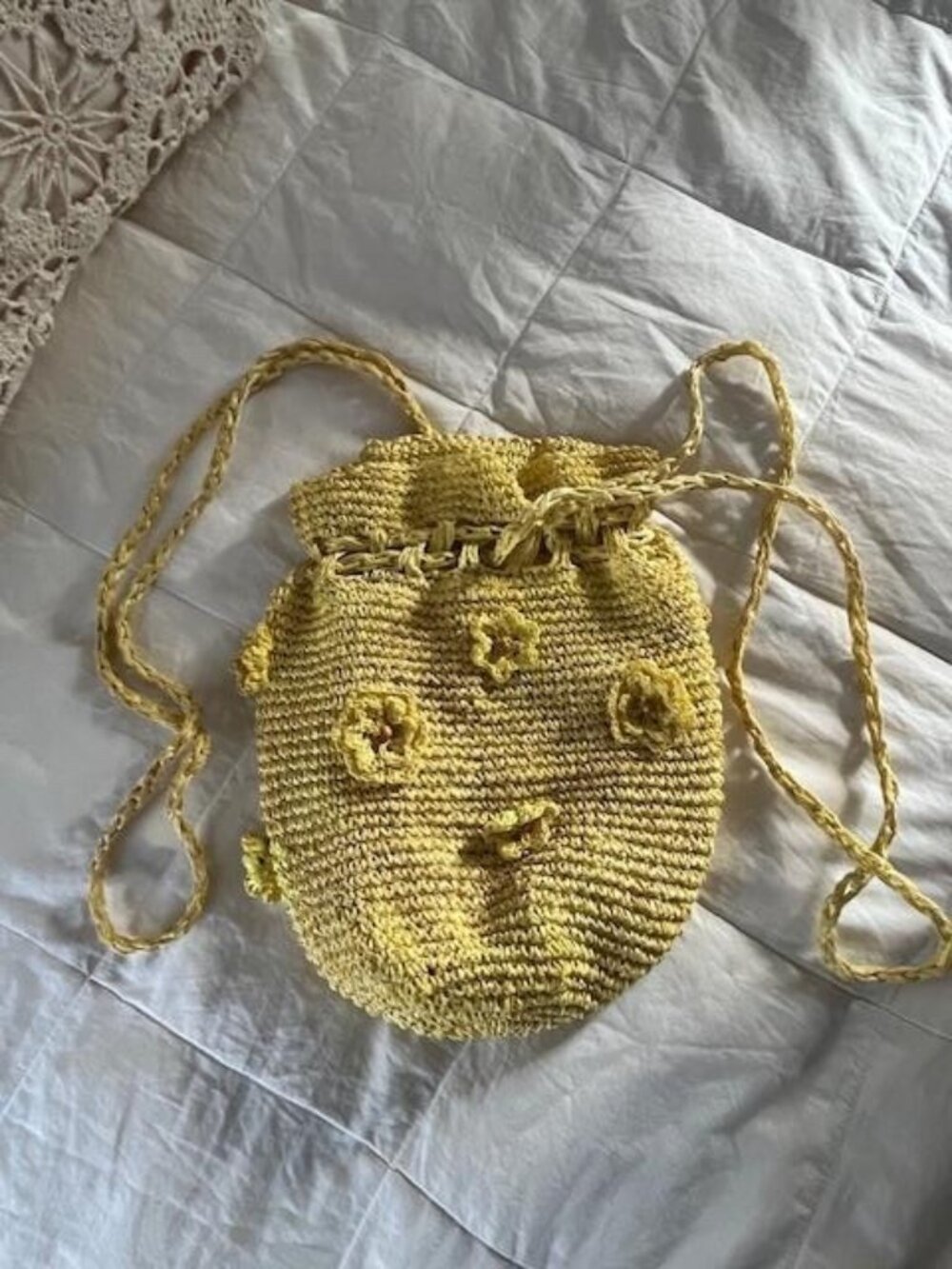 Hand Woven Yellow Drawstring Shoulder Purse w/Flowers Attached/Never Used
